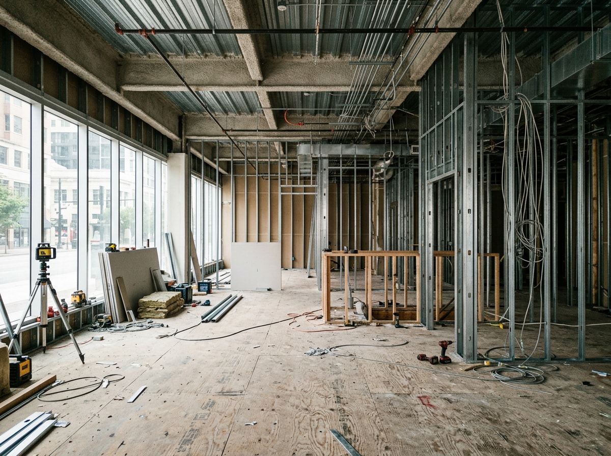 Commercial renovation crew framing an interior tenant improvement space near Capitola, CA