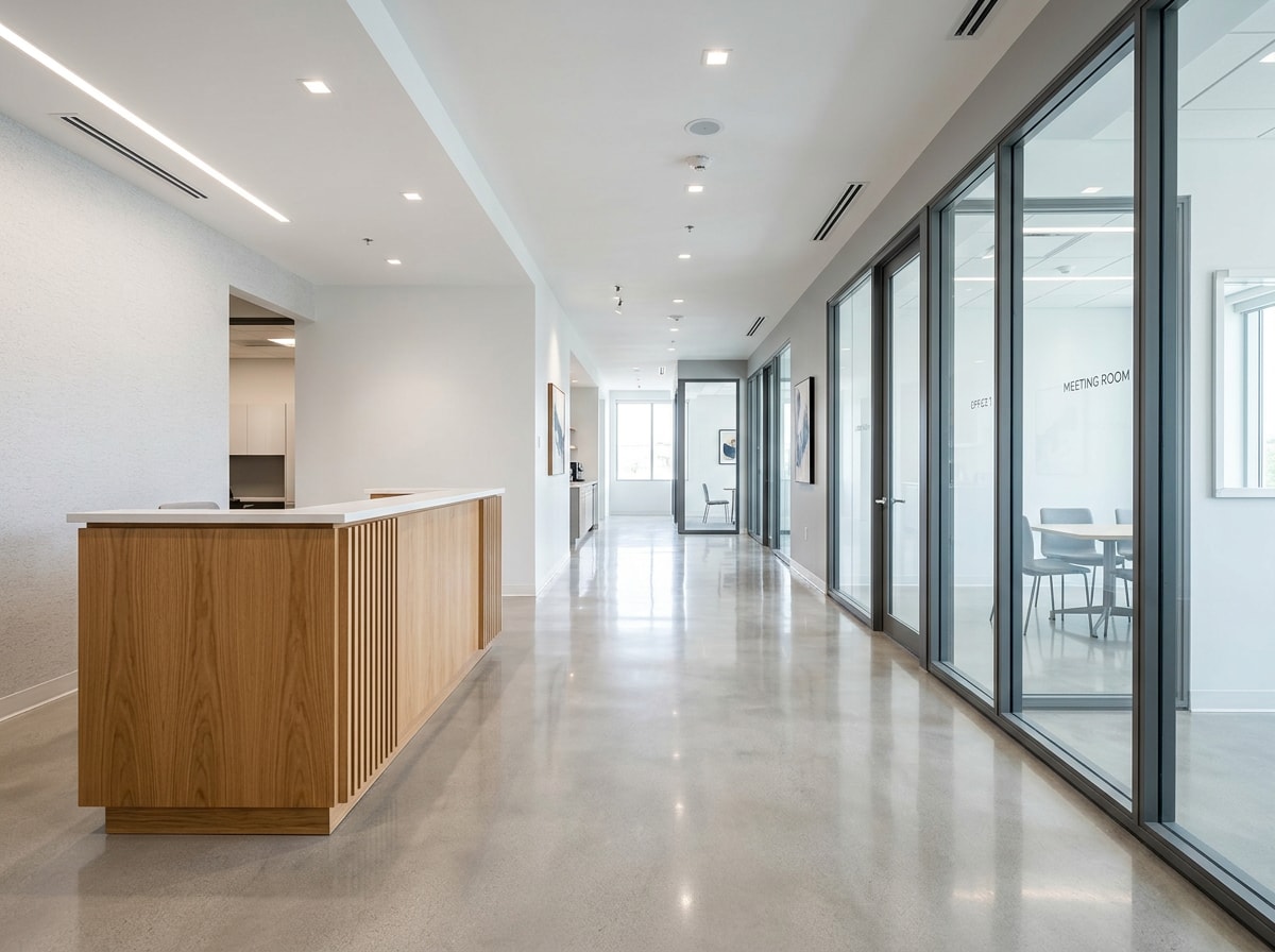 Finished modern office interior with glass partitions and custom millwork after a commercial renovation