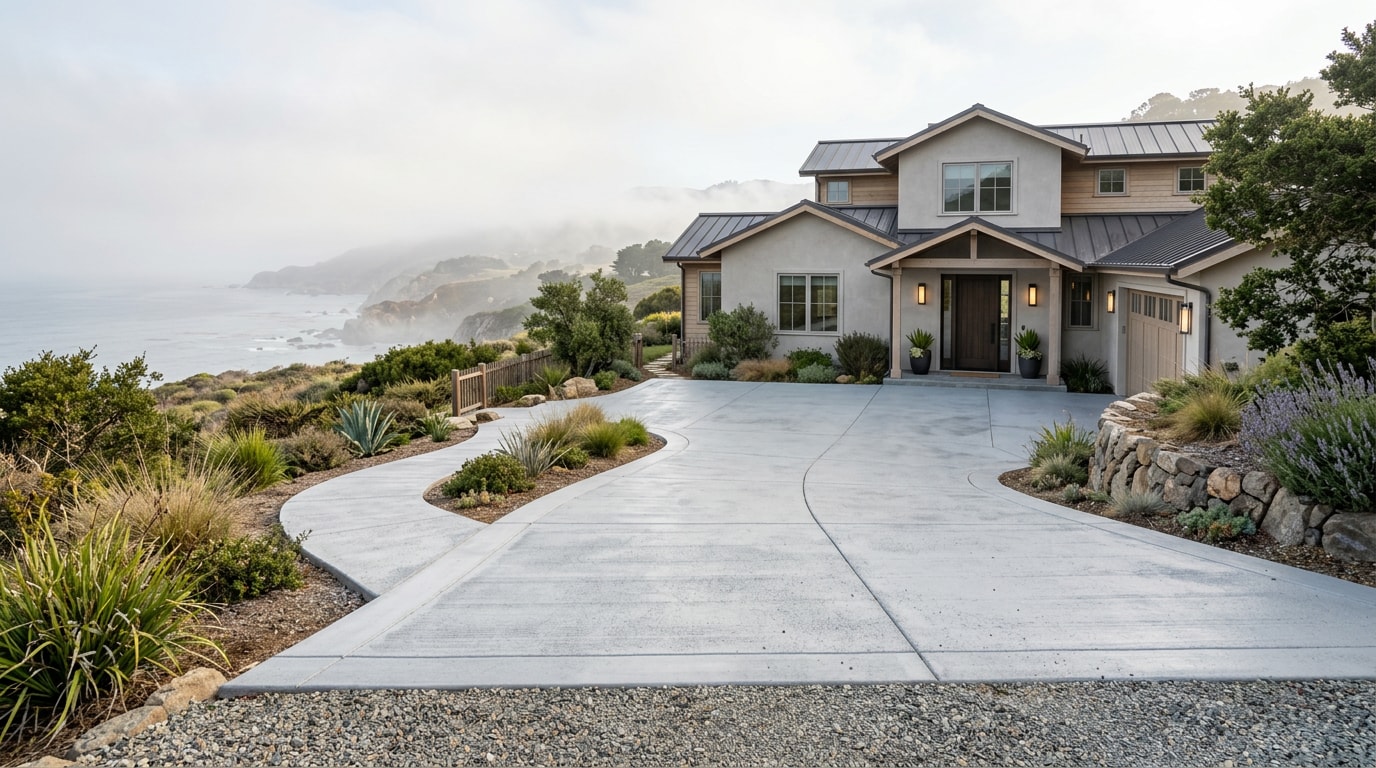 Finished concrete driveway at a coastal California home near Capitola Finished concrete driveway at a coastal California home near Capitola